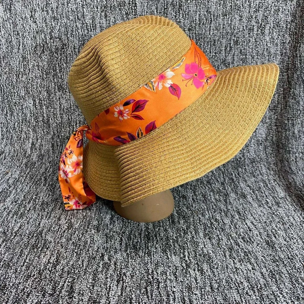 Steve Madden Straw Sun Hat Orange Floral Scarf Tie Wide Brim Floppy Beach Resort
